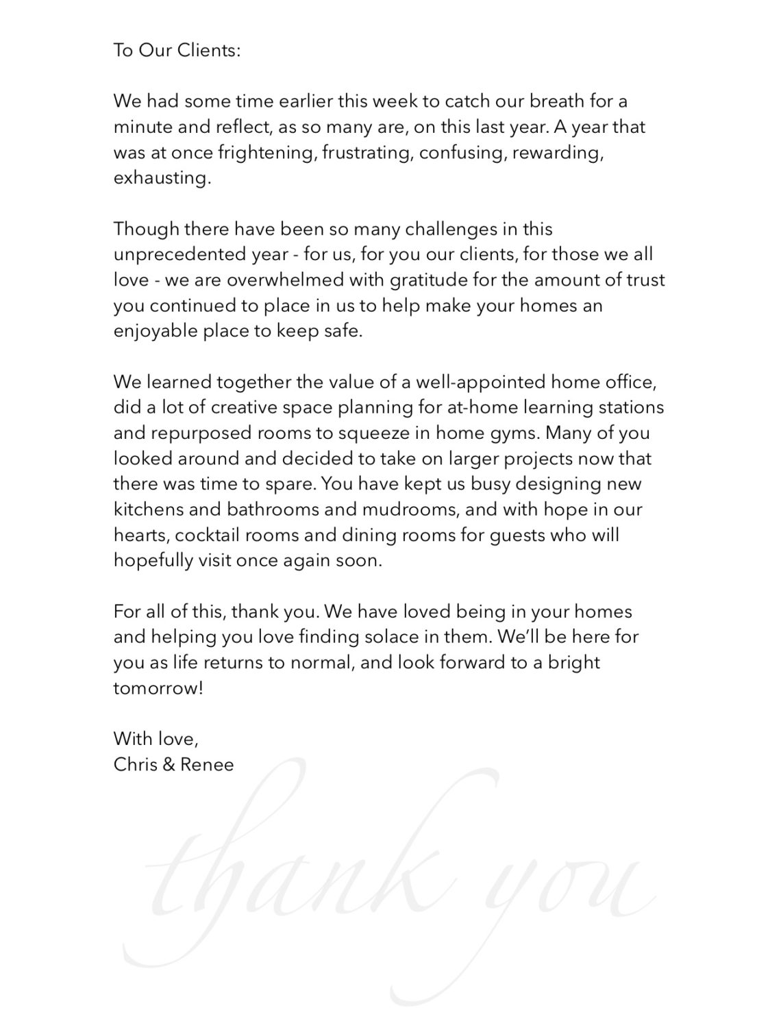 A Note of Thanks - Park and Oak Interior Design